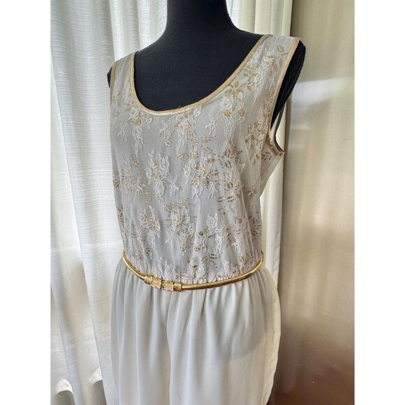 Vintage 80s jumpsuit, off-white, gold metallic lace, elastic waist & golden belt - Picture 3 of 10